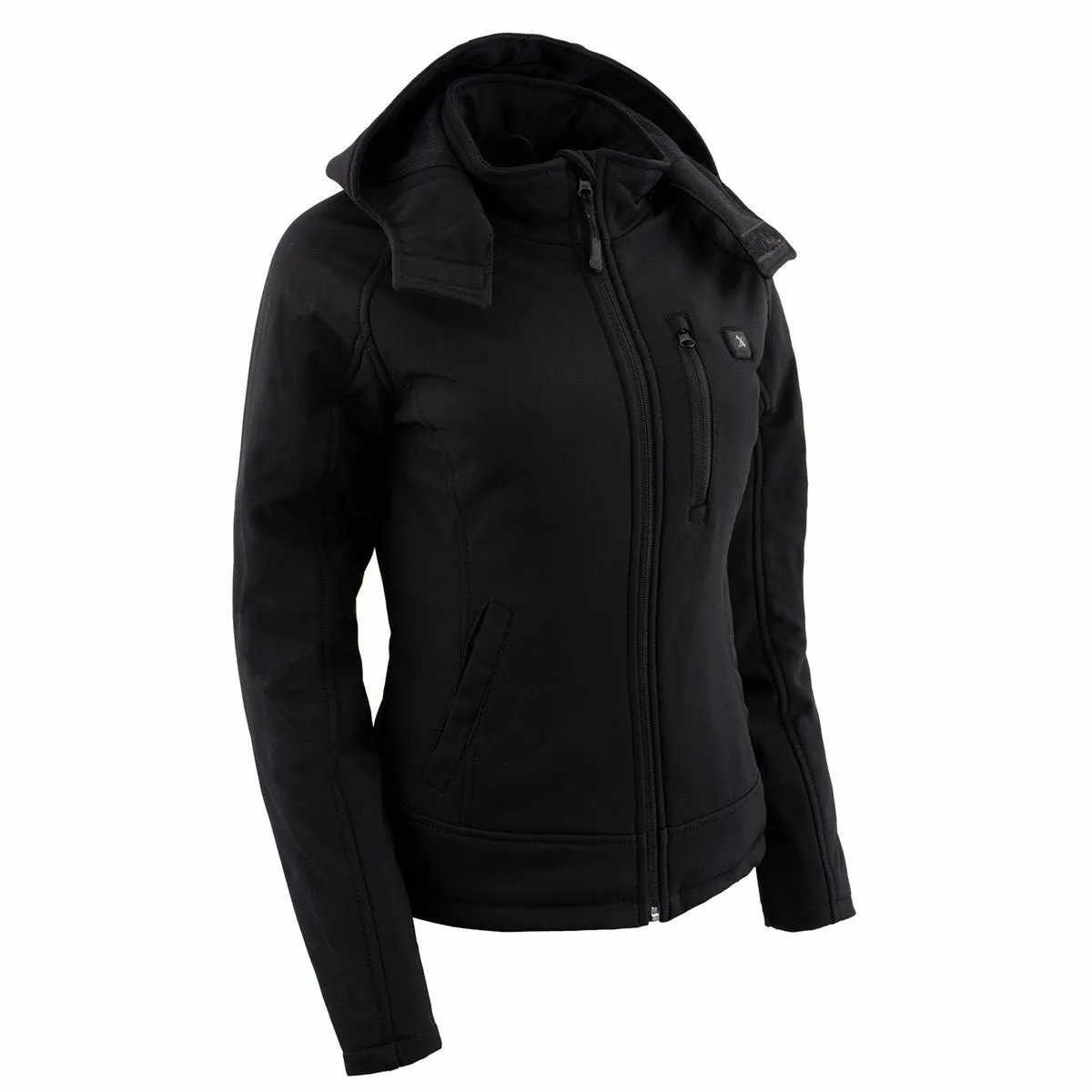 Nexgen Heat NXL2767SET Women's Black Ruffled Heated Soft Shell Jacket with Detachable Hood for Hiking w/ Battery