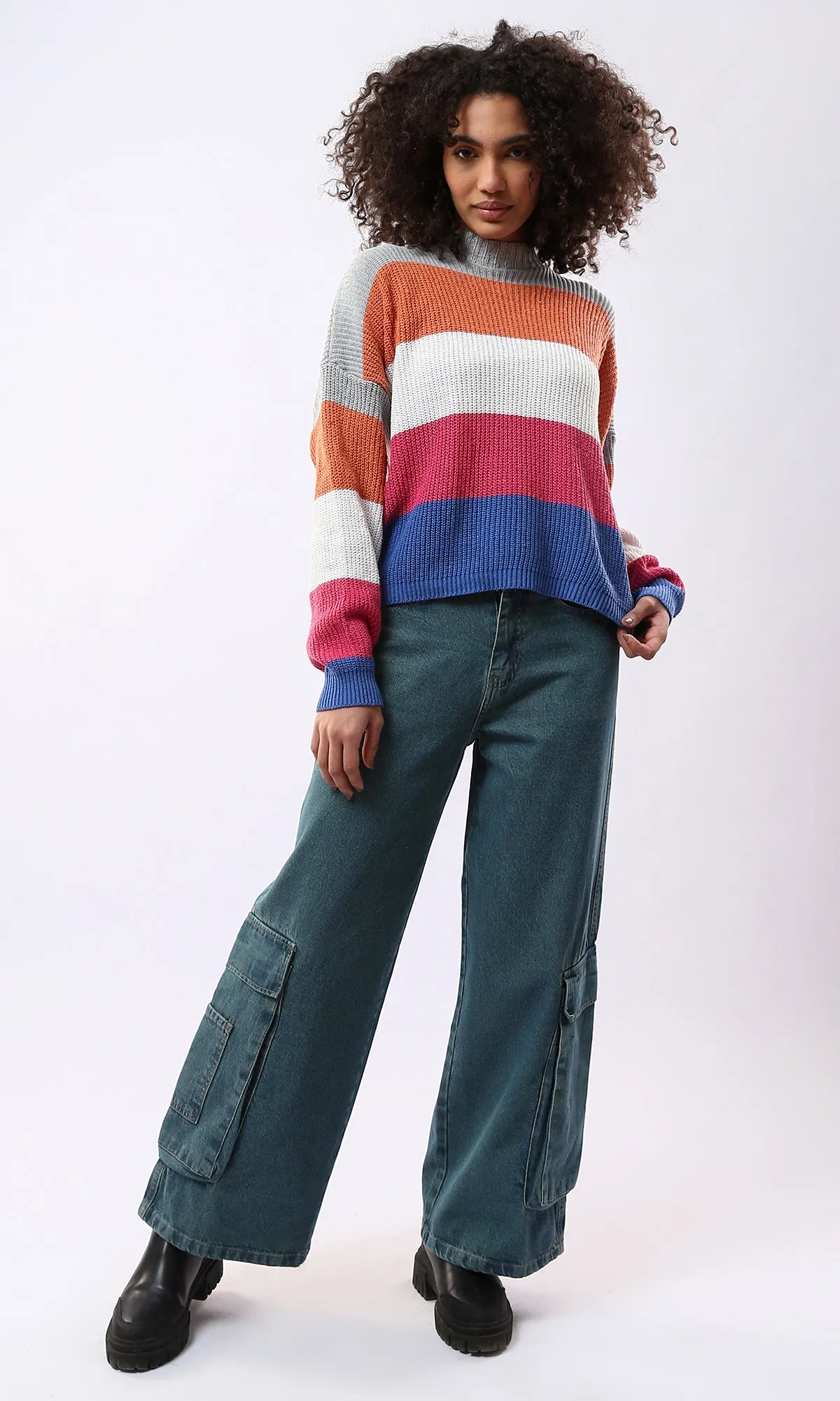 O173663 Colorful Chunky Knit Mock Neck Pullover