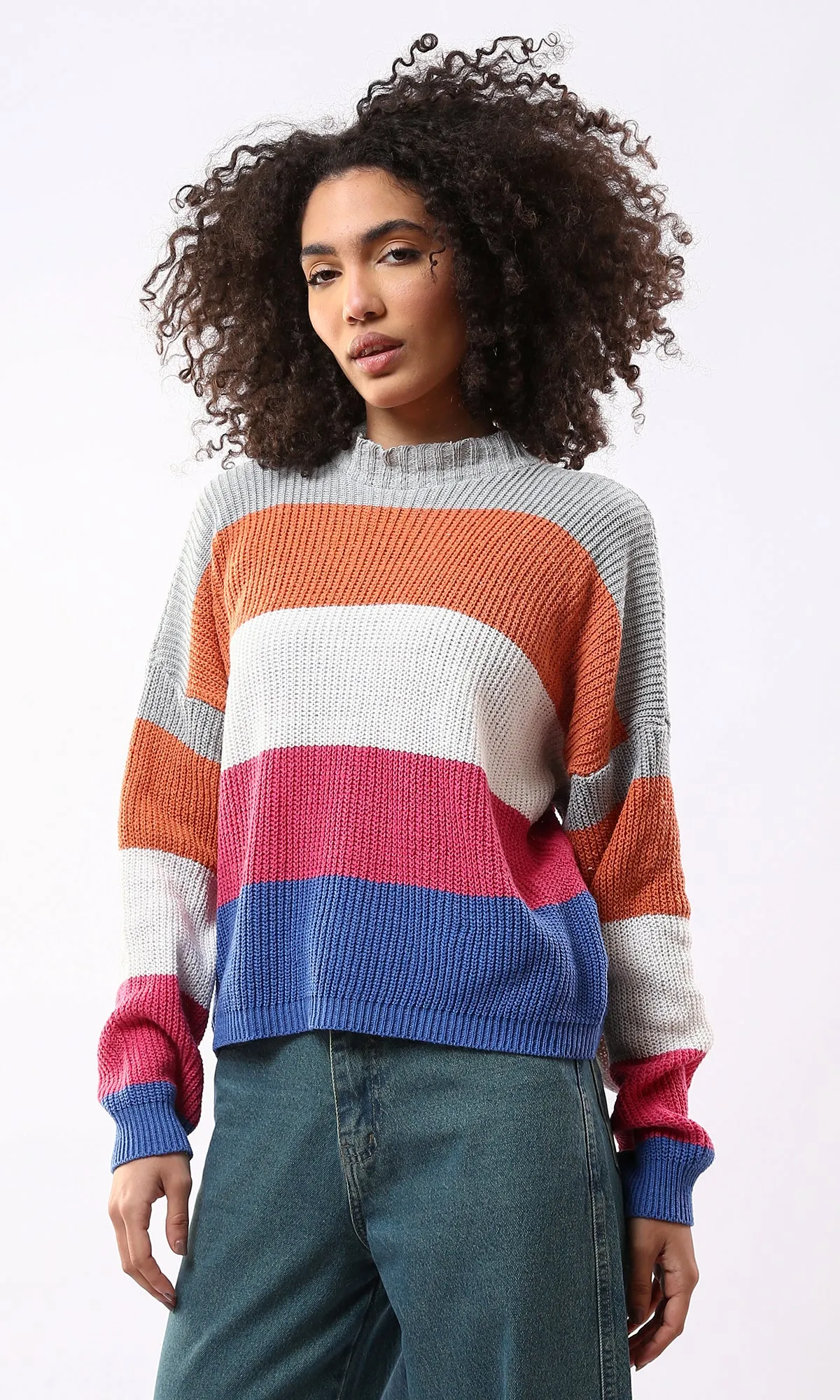 O173663 Colorful Chunky Knit Mock Neck Pullover