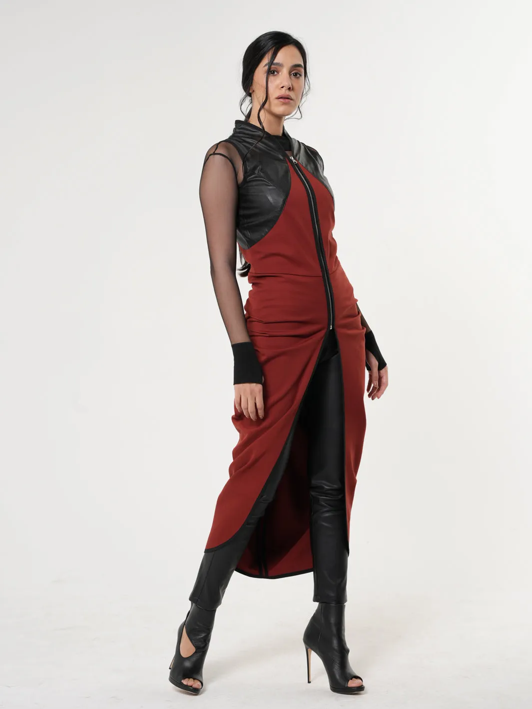 Sleeveless Long Vest With Leather Accent