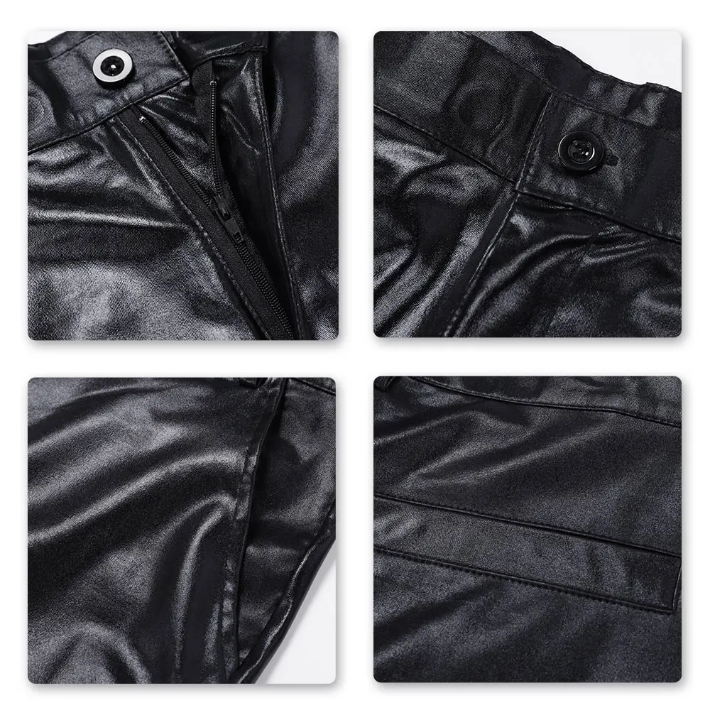 Slim Fit Hot Stamping Shiny Black Pants