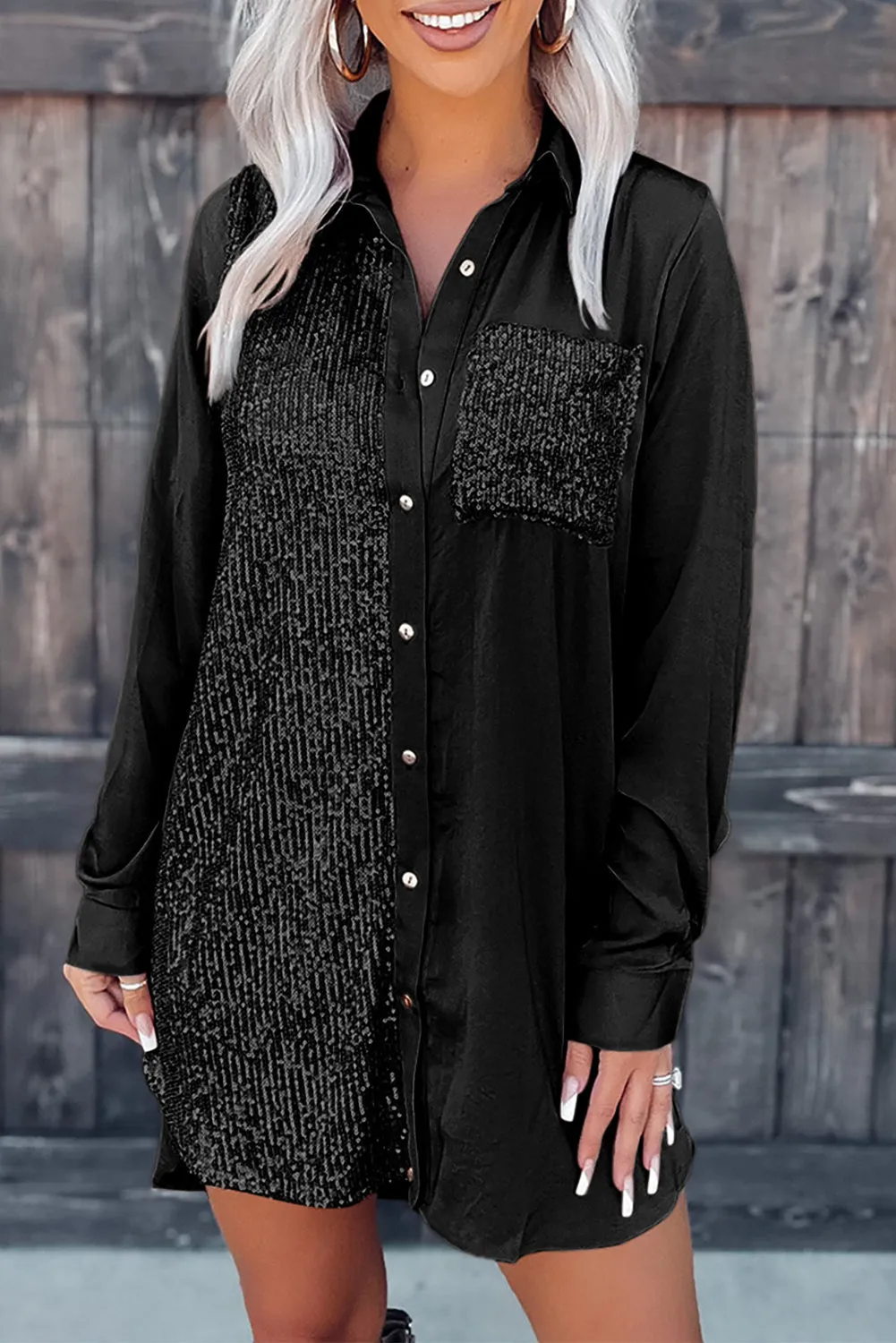 Splicing Pocket Buttoned Shirt Dress