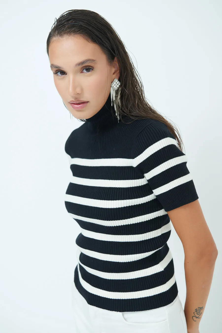 Striped ribbed turtleneck short-sleeve top wholesale