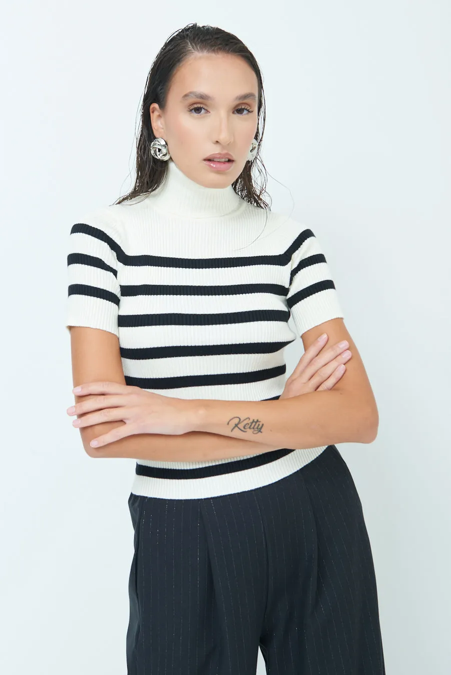 Striped ribbed turtleneck short-sleeve top wholesale