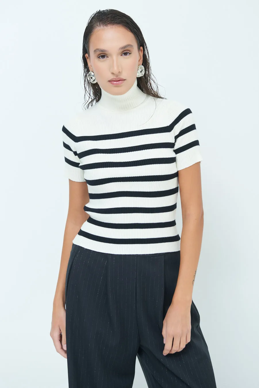 Striped ribbed turtleneck short-sleeve top wholesale