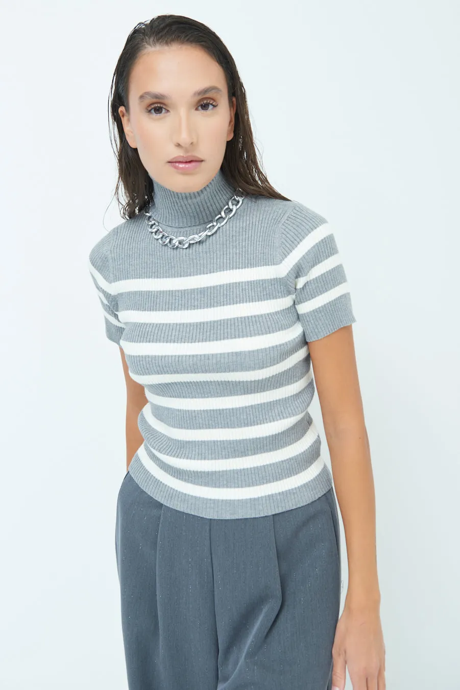 Striped ribbed turtleneck short-sleeve top wholesale