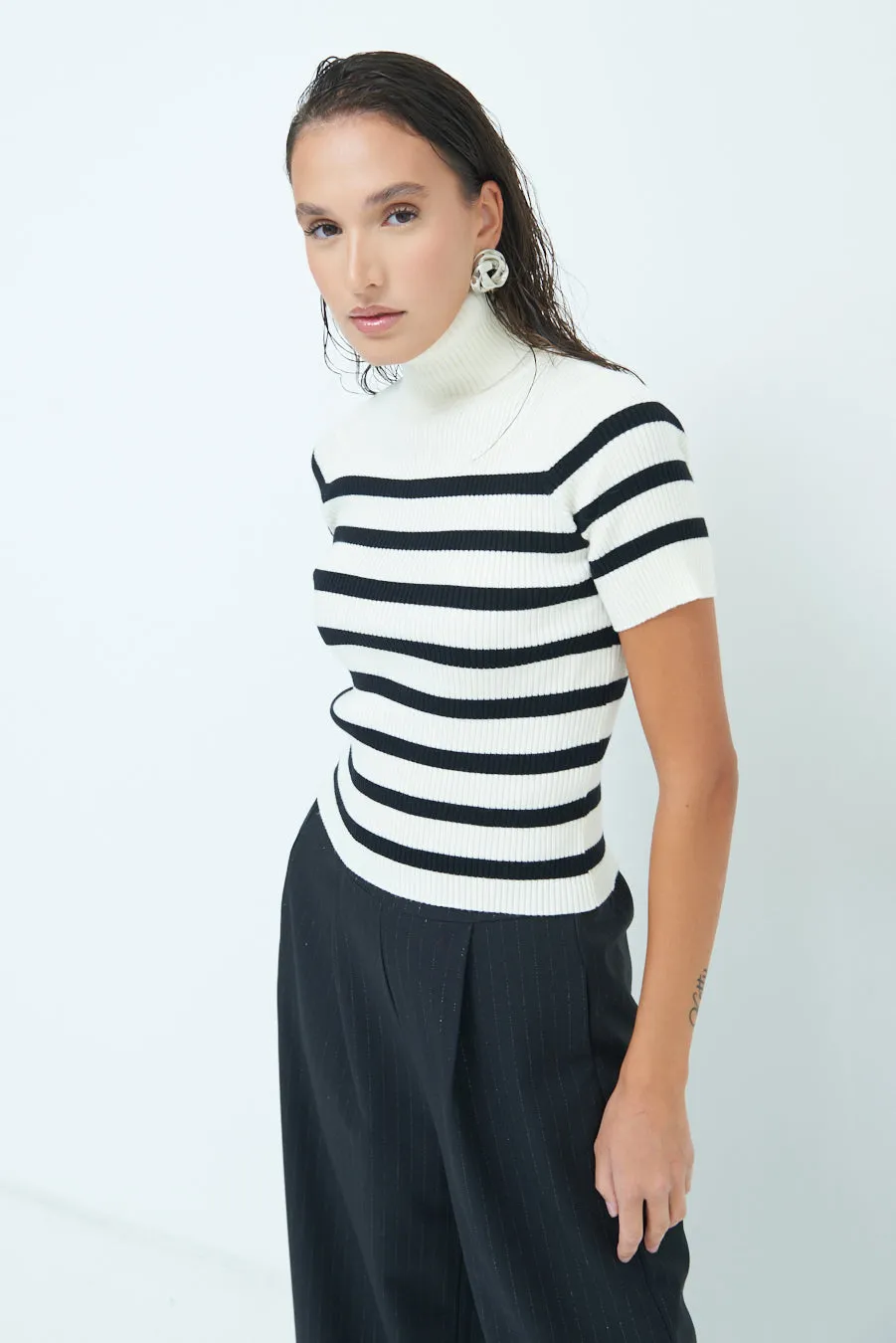 Striped ribbed turtleneck short-sleeve top wholesale