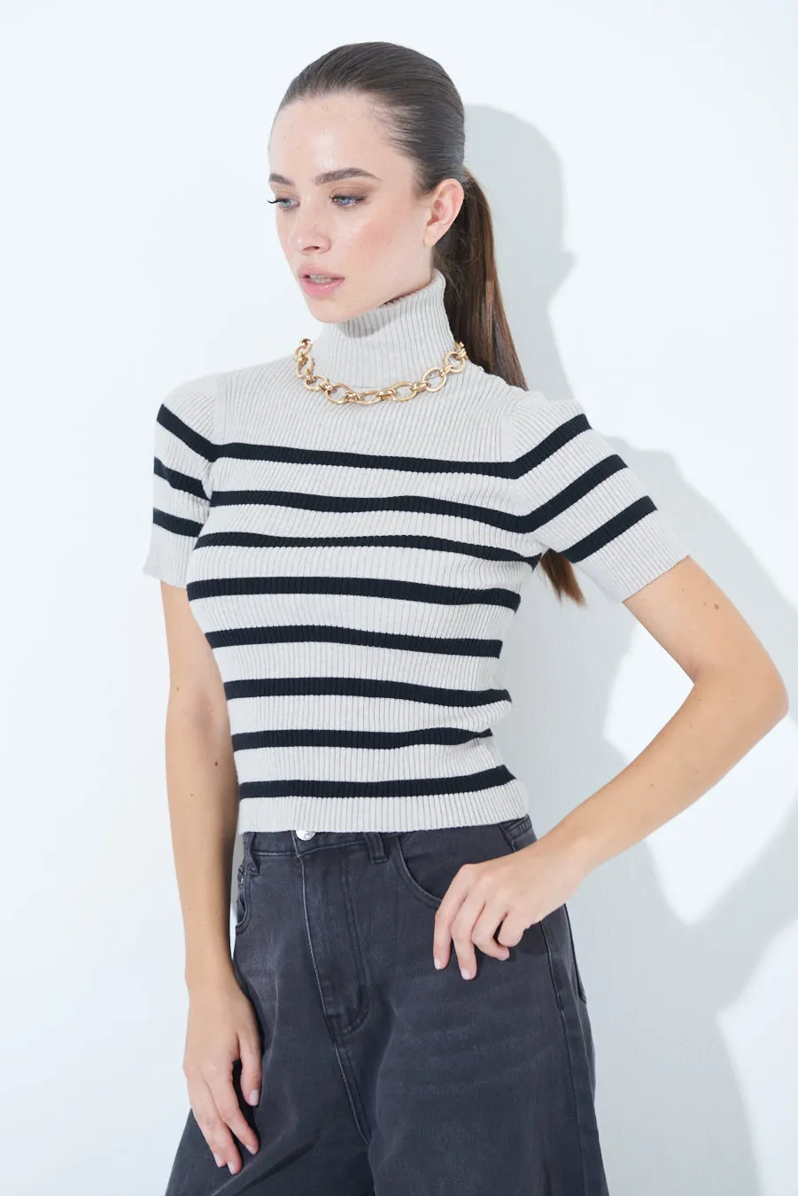 Striped ribbed turtleneck short-sleeve top wholesale