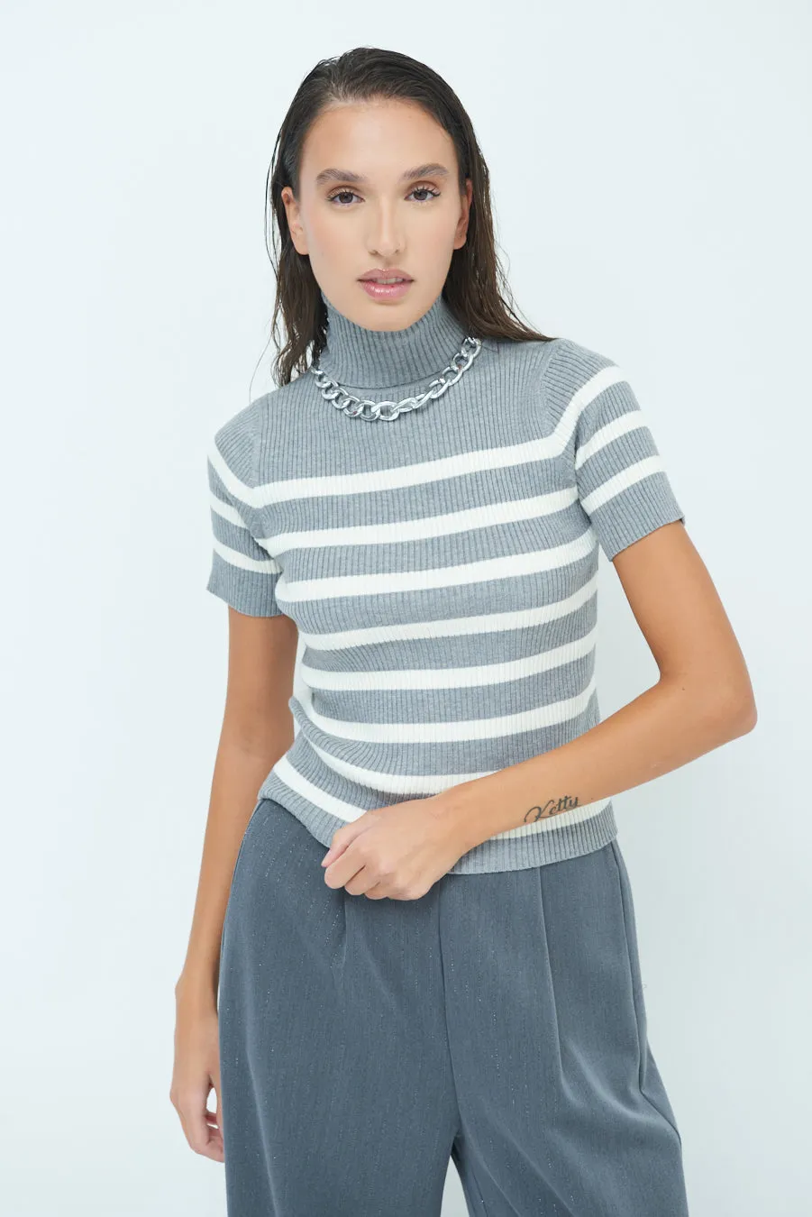 Striped ribbed turtleneck short-sleeve top wholesale