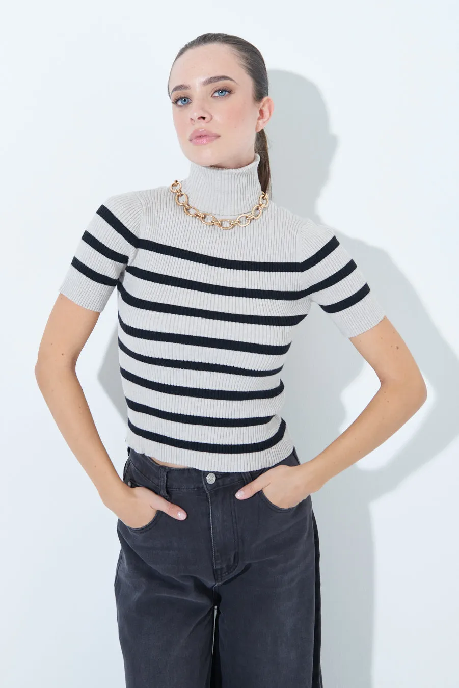 Striped ribbed turtleneck short-sleeve top wholesale