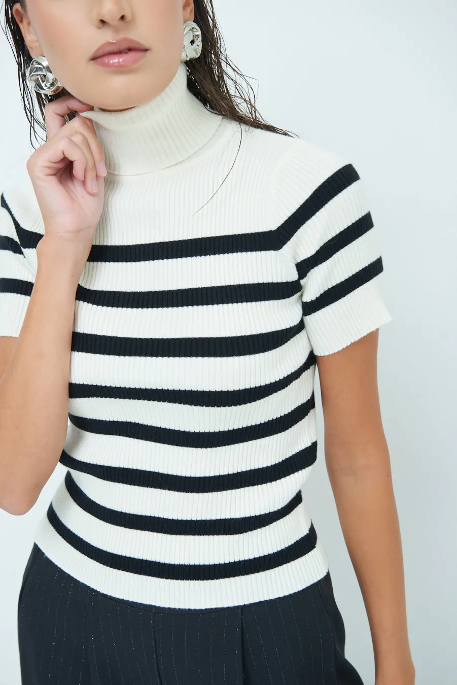 Striped ribbed turtleneck short-sleeve top wholesale