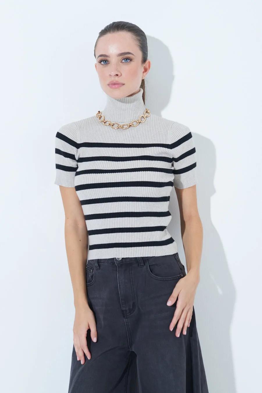 Striped ribbed turtleneck short-sleeve top wholesale