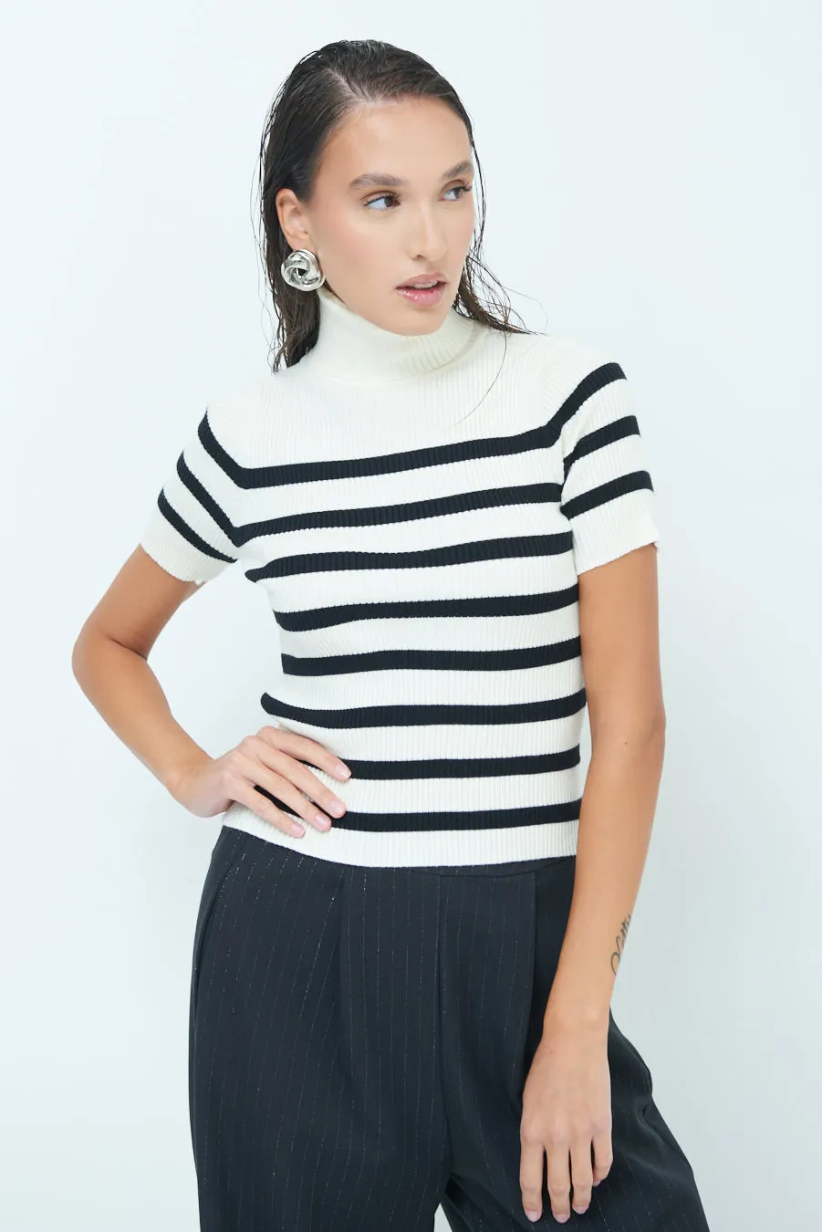 Striped ribbed turtleneck short-sleeve top wholesale