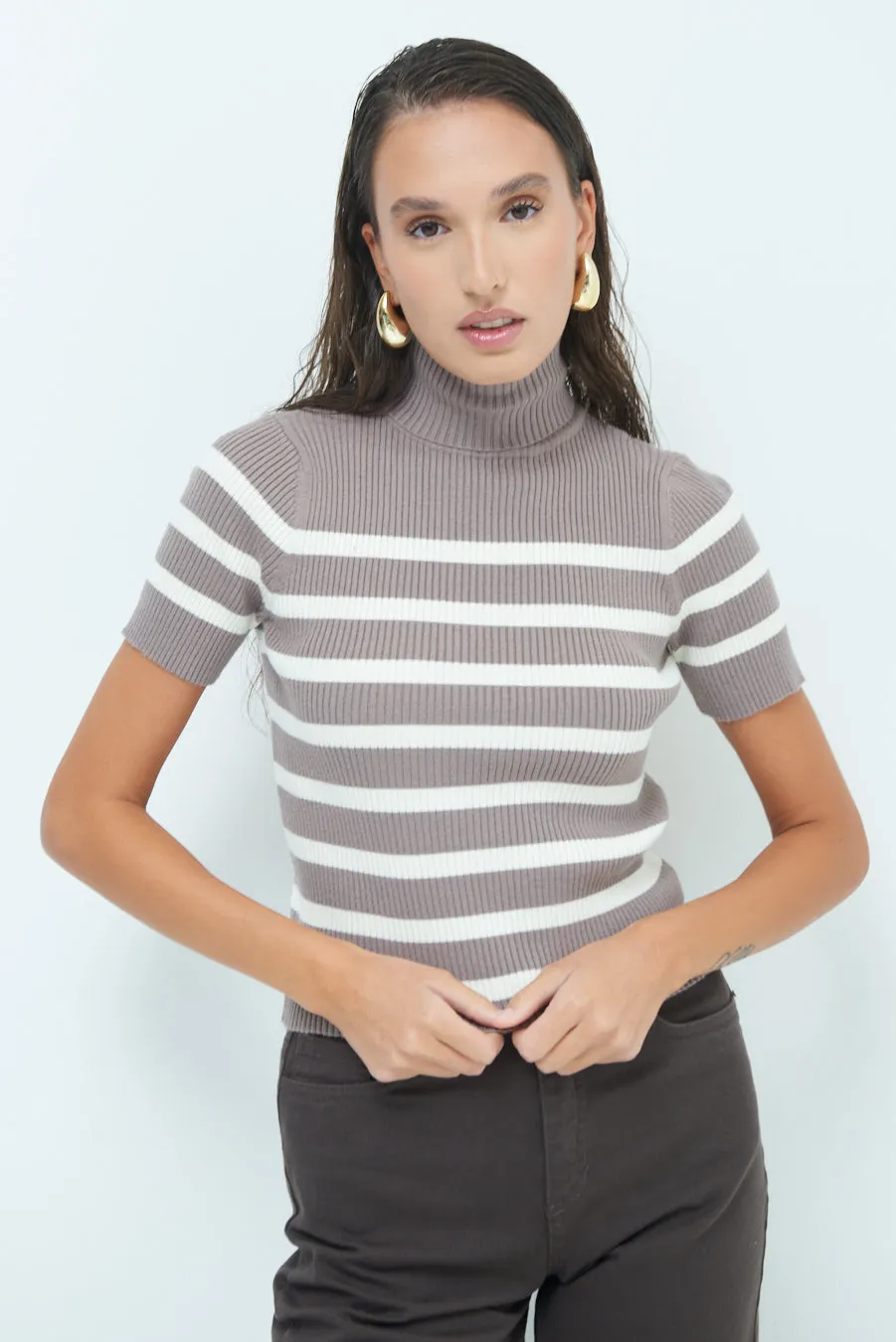 Striped ribbed turtleneck short-sleeve top wholesale