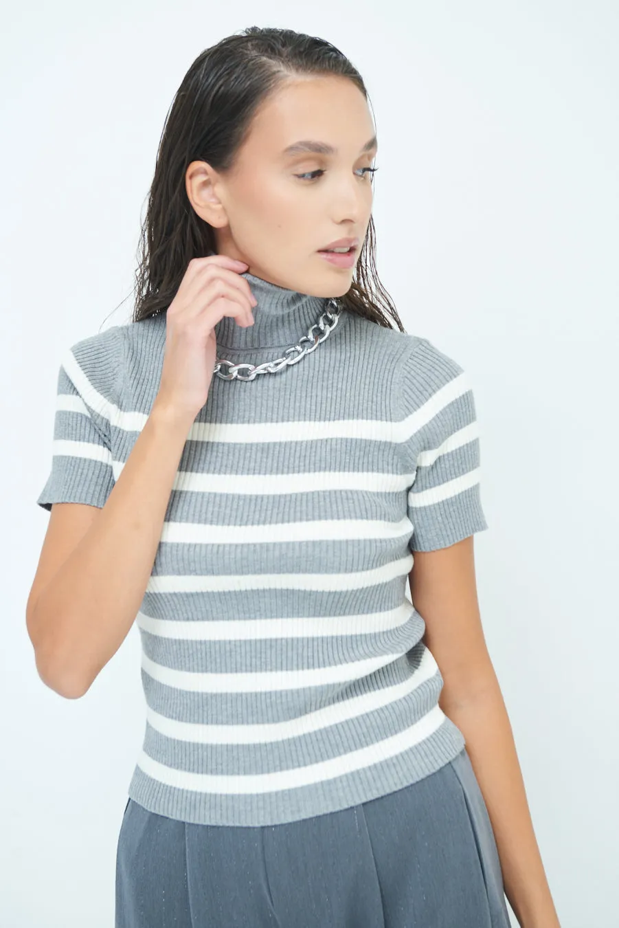 Striped ribbed turtleneck short-sleeve top wholesale