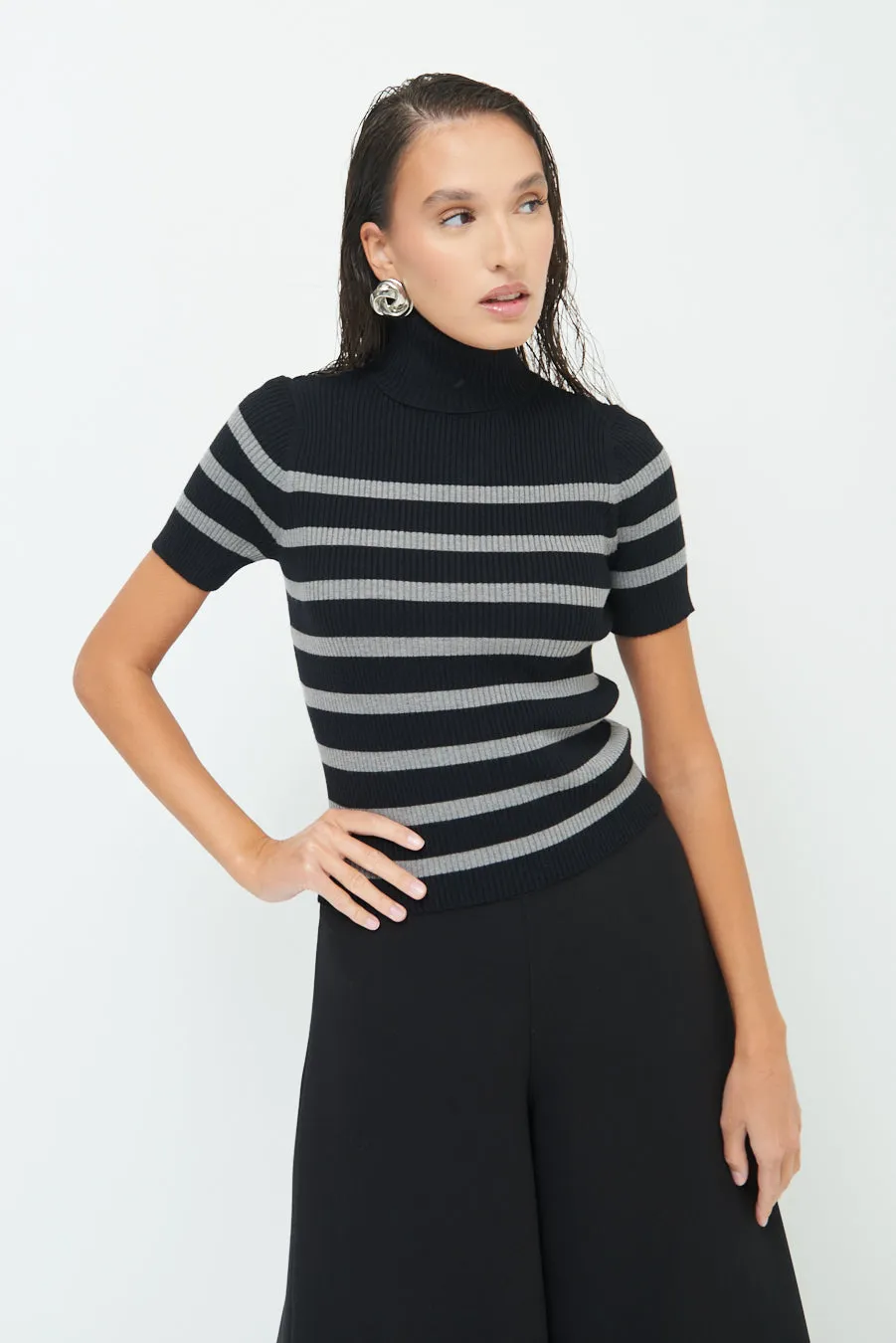 Striped ribbed turtleneck short-sleeve top wholesale