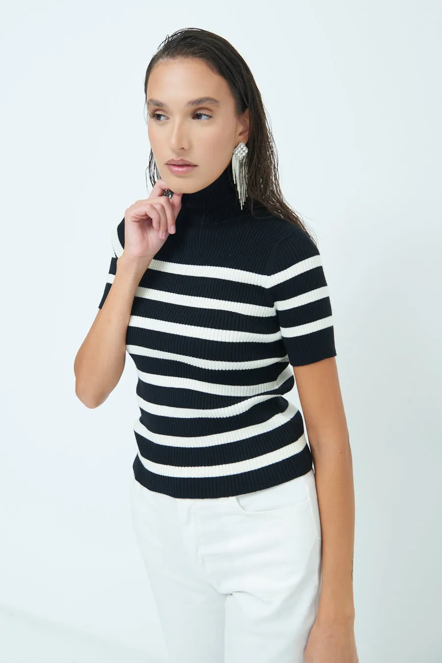 Striped ribbed turtleneck short-sleeve top wholesale