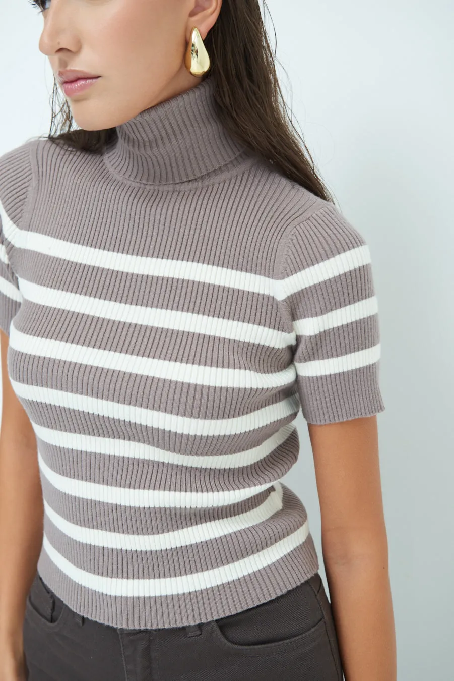 Striped ribbed turtleneck short-sleeve top wholesale