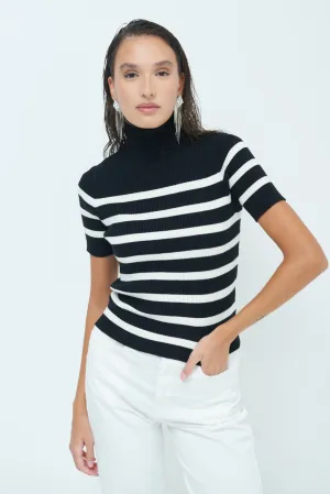 Striped ribbed turtleneck short-sleeve top wholesale