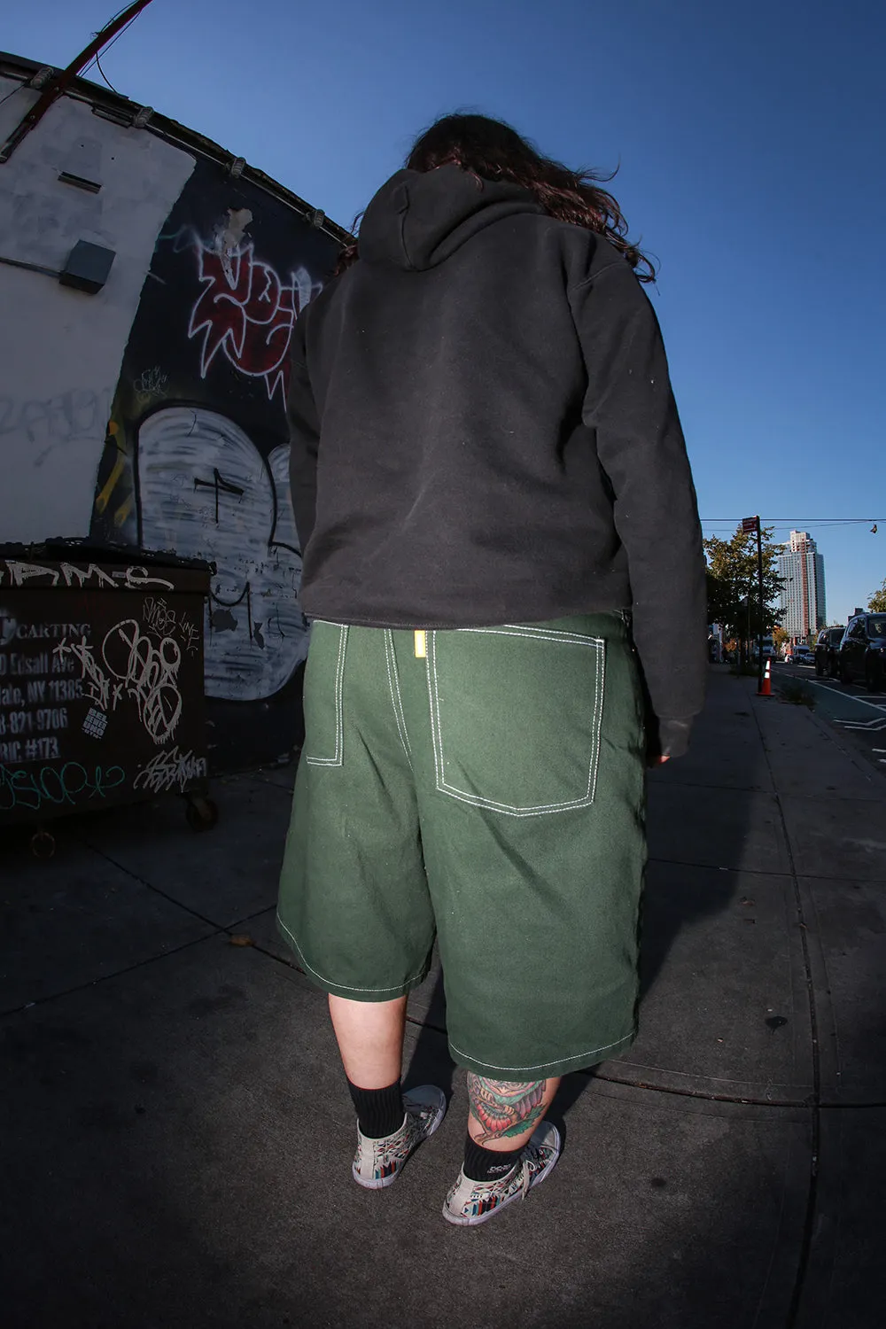 Theories Plaza Denim Shorts Hunter Green Contrast Stitch