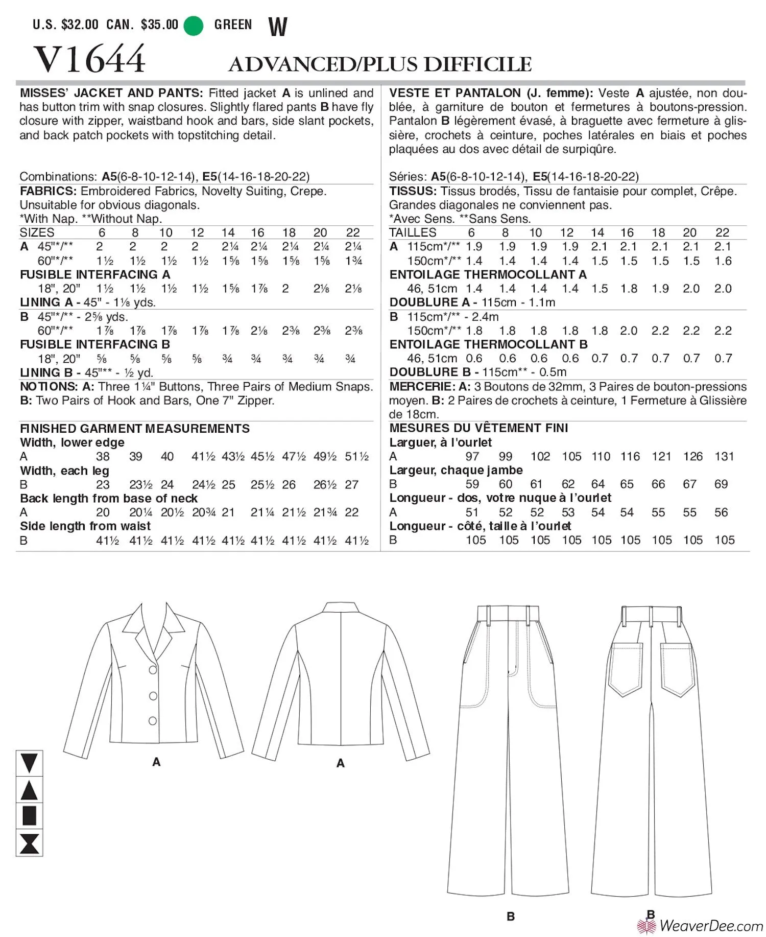 Vogue Pattern V1644 Misses' Jacket & Trousers