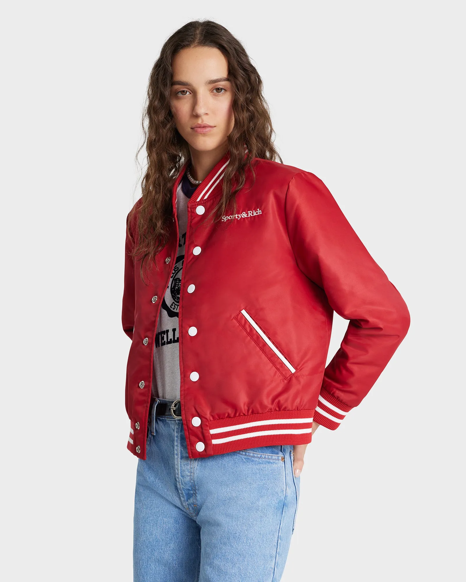 Wellness Club Varsity Jacket - Ruby/White