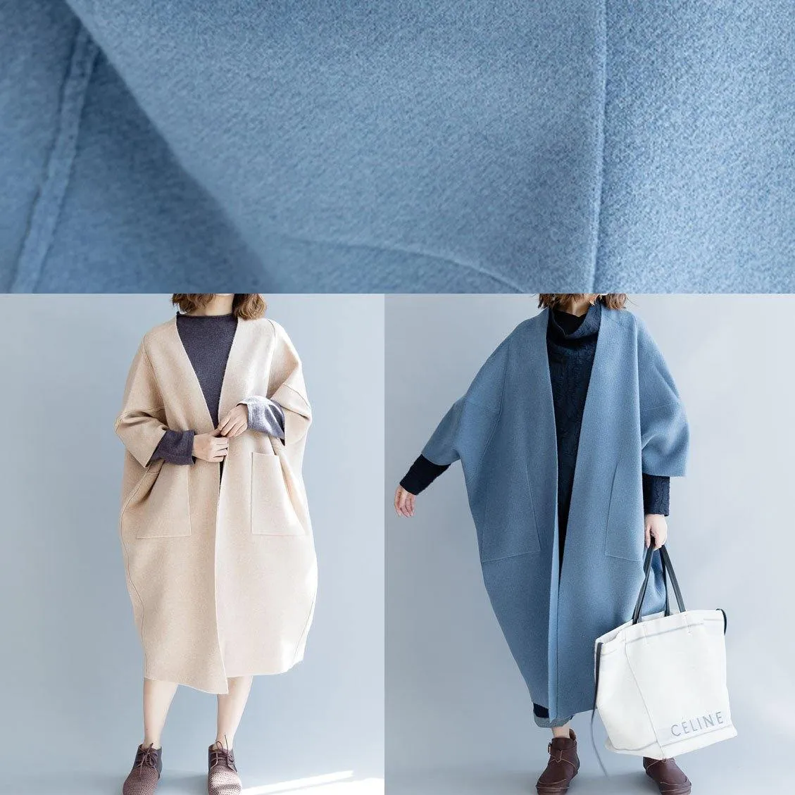 women blue wool overcoat Loose fitting long winter coat fall jackets Batwing Sleeve