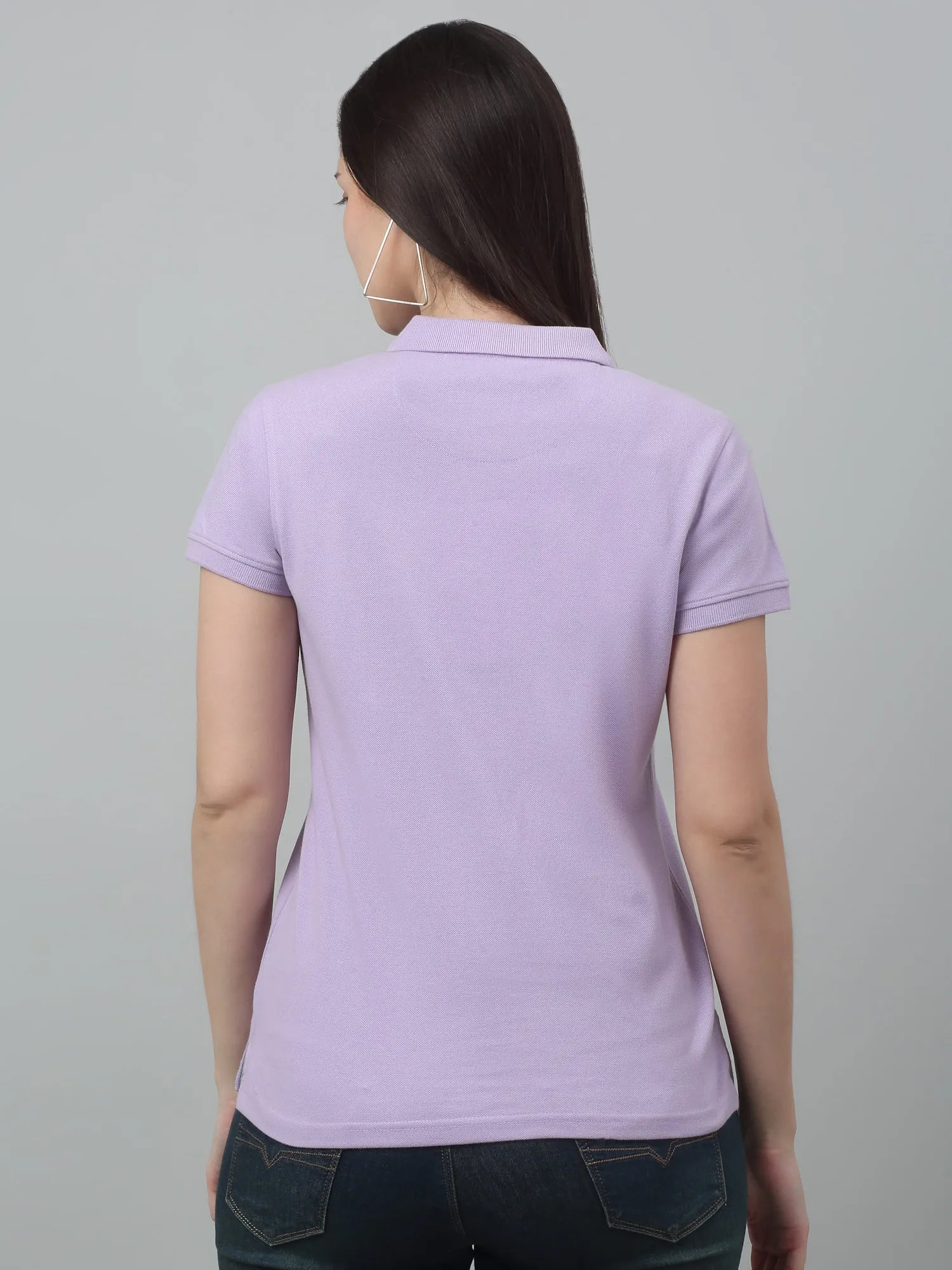 Women's Casual Regular Short Sleeve Lavender Polo neck  T-Shirt