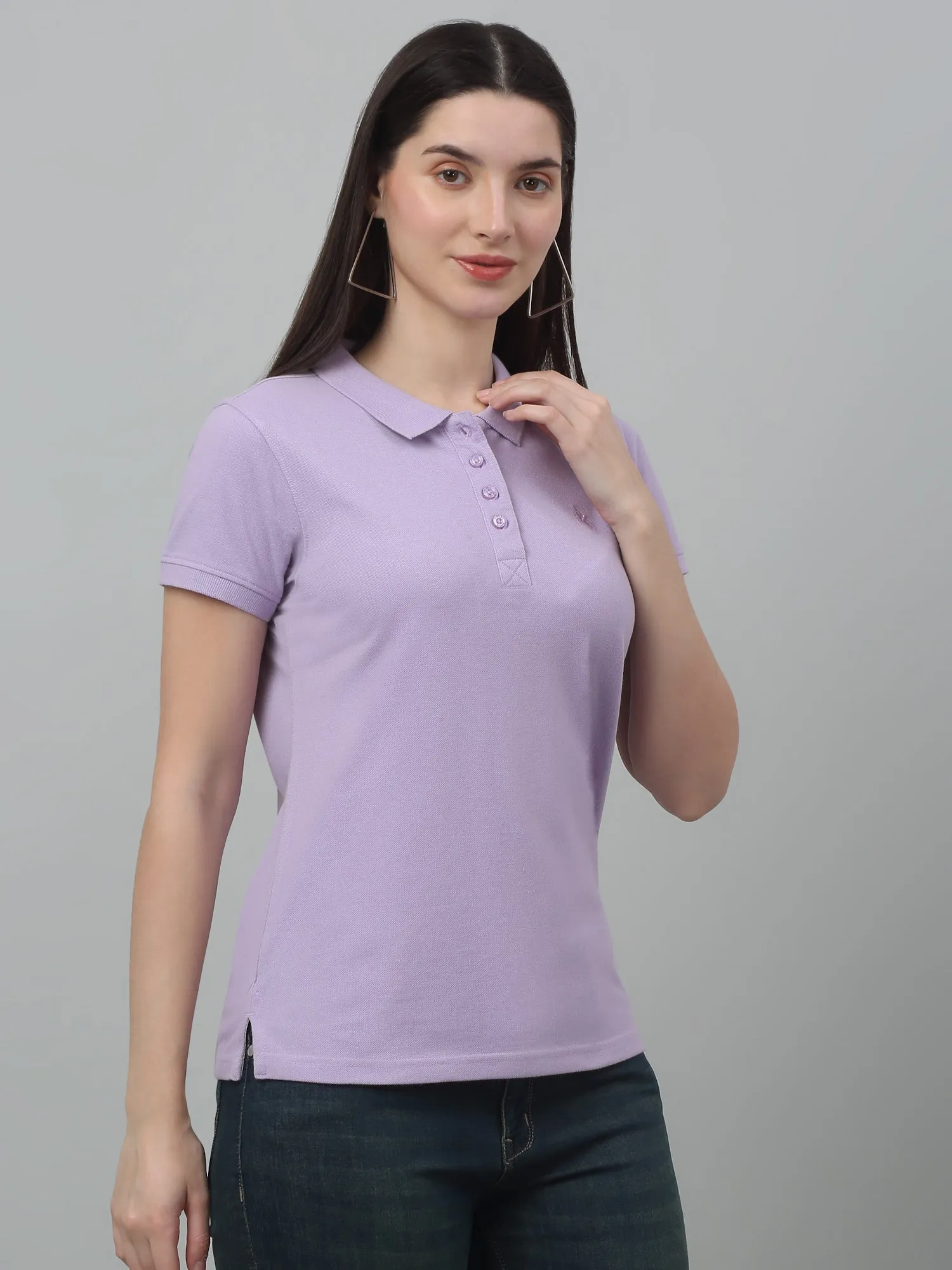 Women's Casual Regular Short Sleeve Lavender Polo neck  T-Shirt