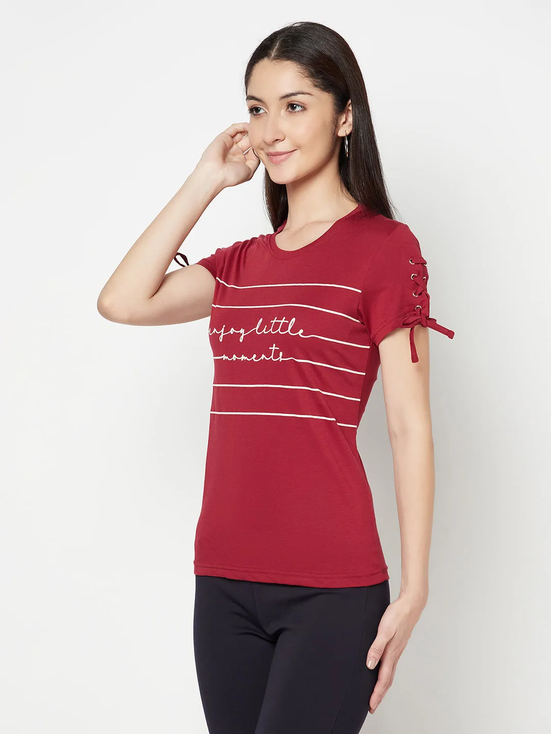 Women's Casual Regular Short Sleeve Maroon Round neck Stripe with Typographic print T-Shirt