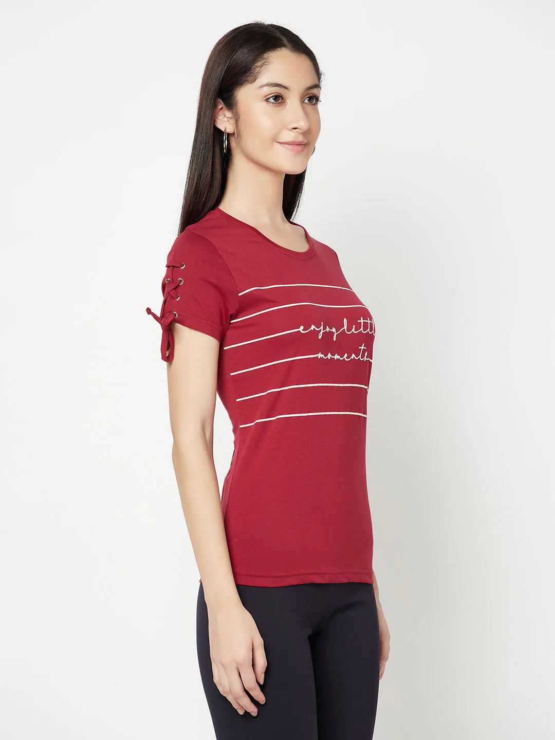 Women's Casual Regular Short Sleeve Maroon Round neck Stripe with Typographic print T-Shirt