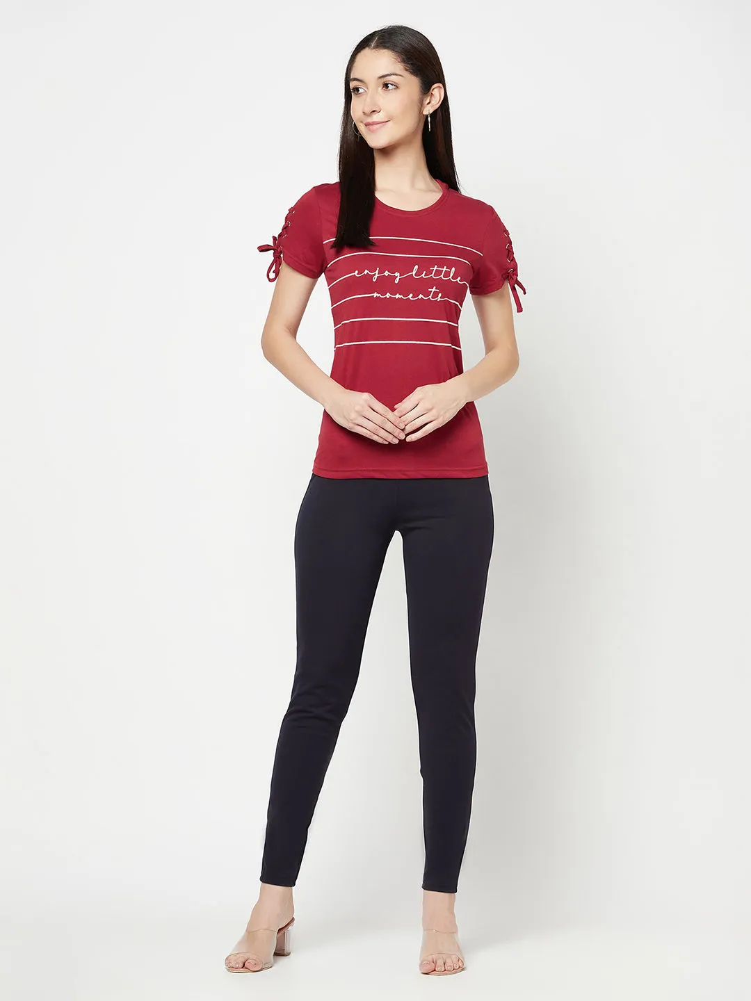 Women's Casual Regular Short Sleeve Maroon Round neck Stripe with Typographic print T-Shirt