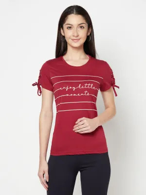 Women's Casual Regular Short Sleeve Maroon Round neck Stripe with Typographic print T-Shirt