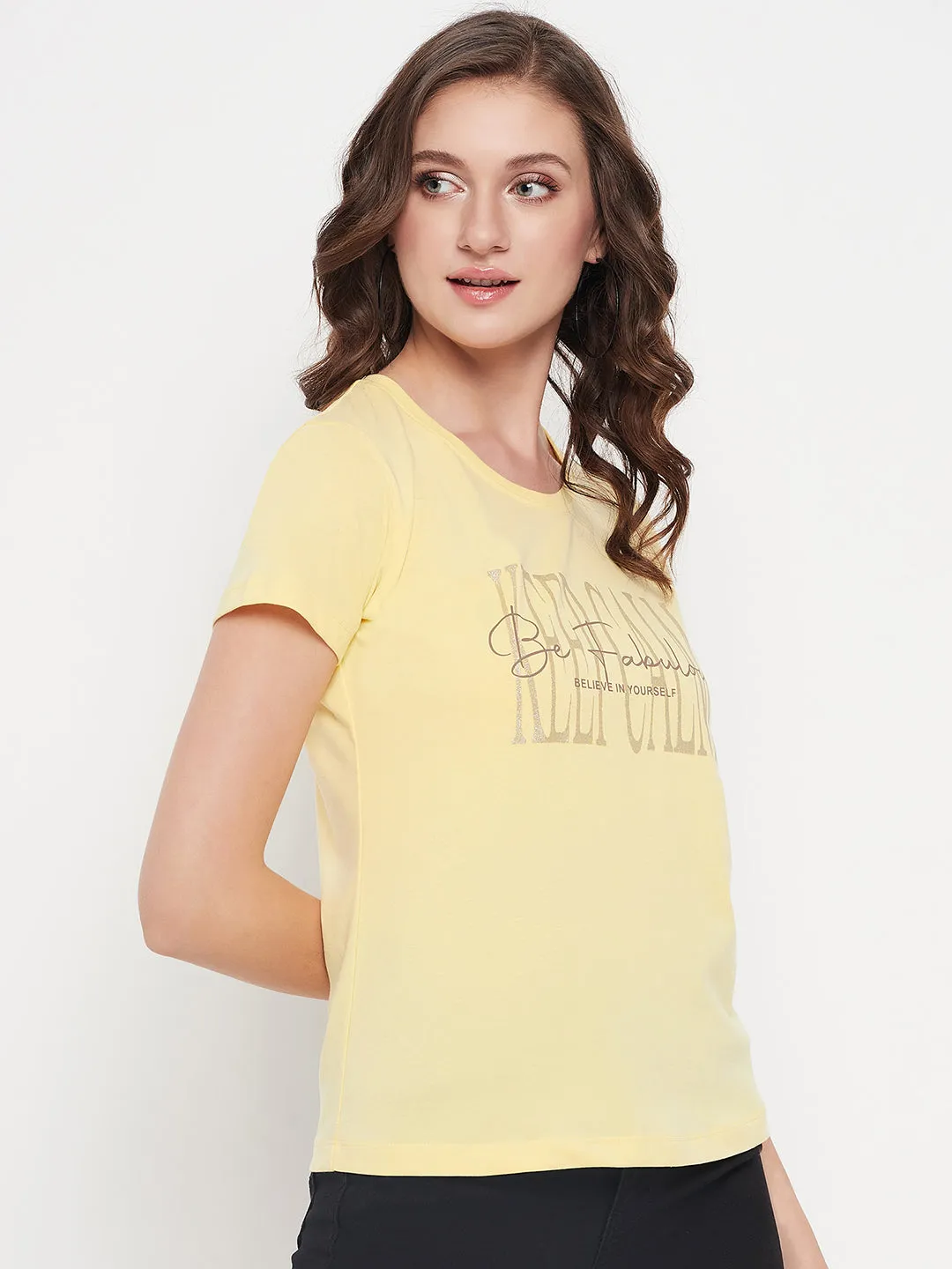 Women's Casual Regular Short Sleeve Yellow Round neck Typographic Print T-Shirt