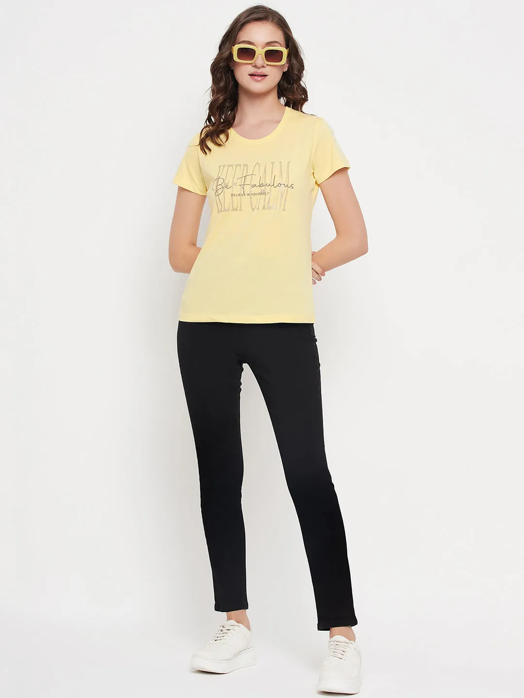 Women's Casual Regular Short Sleeve Yellow Round neck Typographic Print T-Shirt