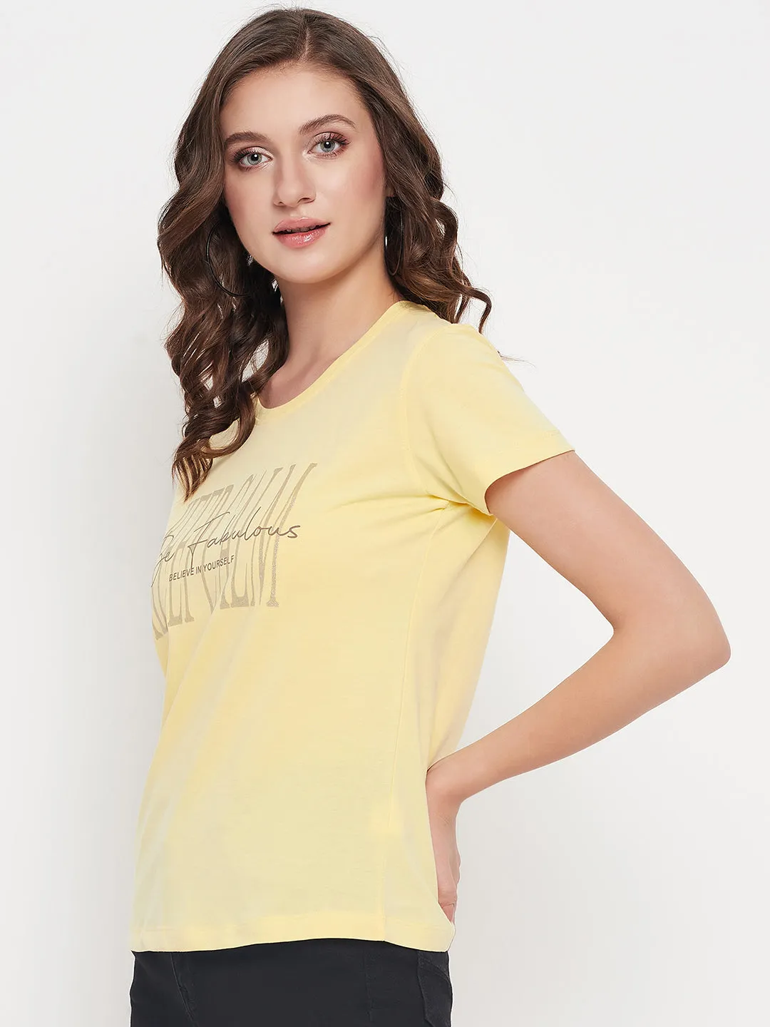 Women's Casual Regular Short Sleeve Yellow Round neck Typographic Print T-Shirt