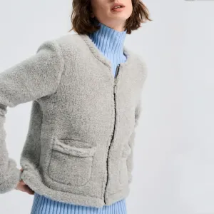 Women's Plush Cropped Jacket - 100% Wool - Silver Grey (S, M, L)