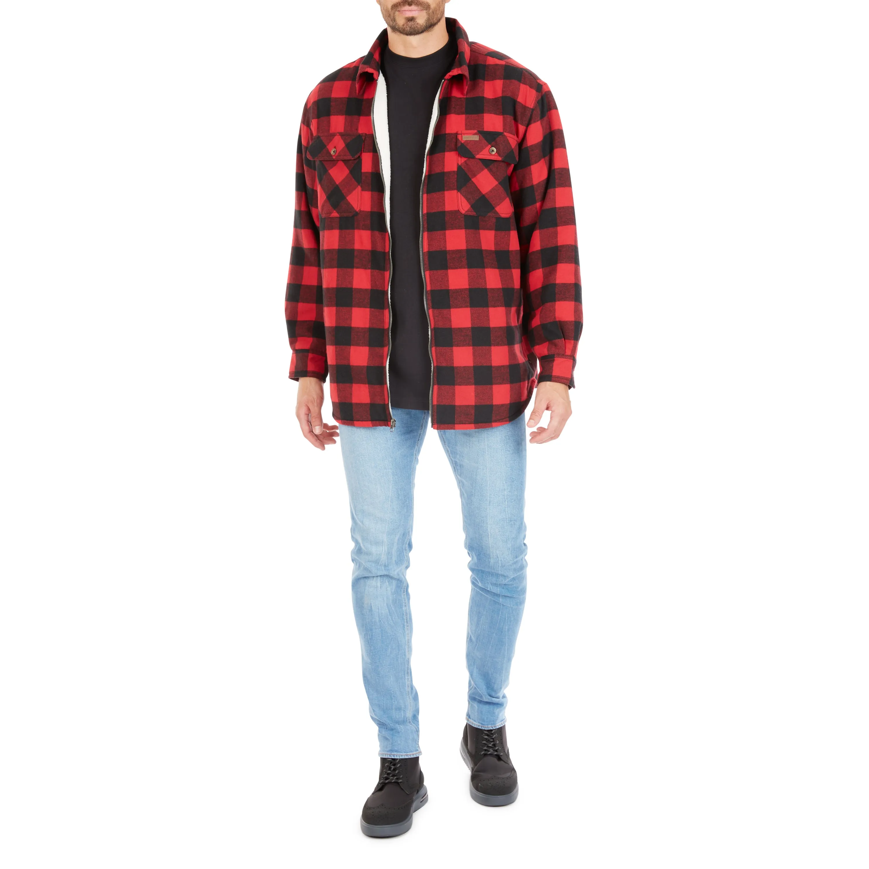 ZIP-FRONT SHERPA-LINED FLANNEL SHIRT JACKET