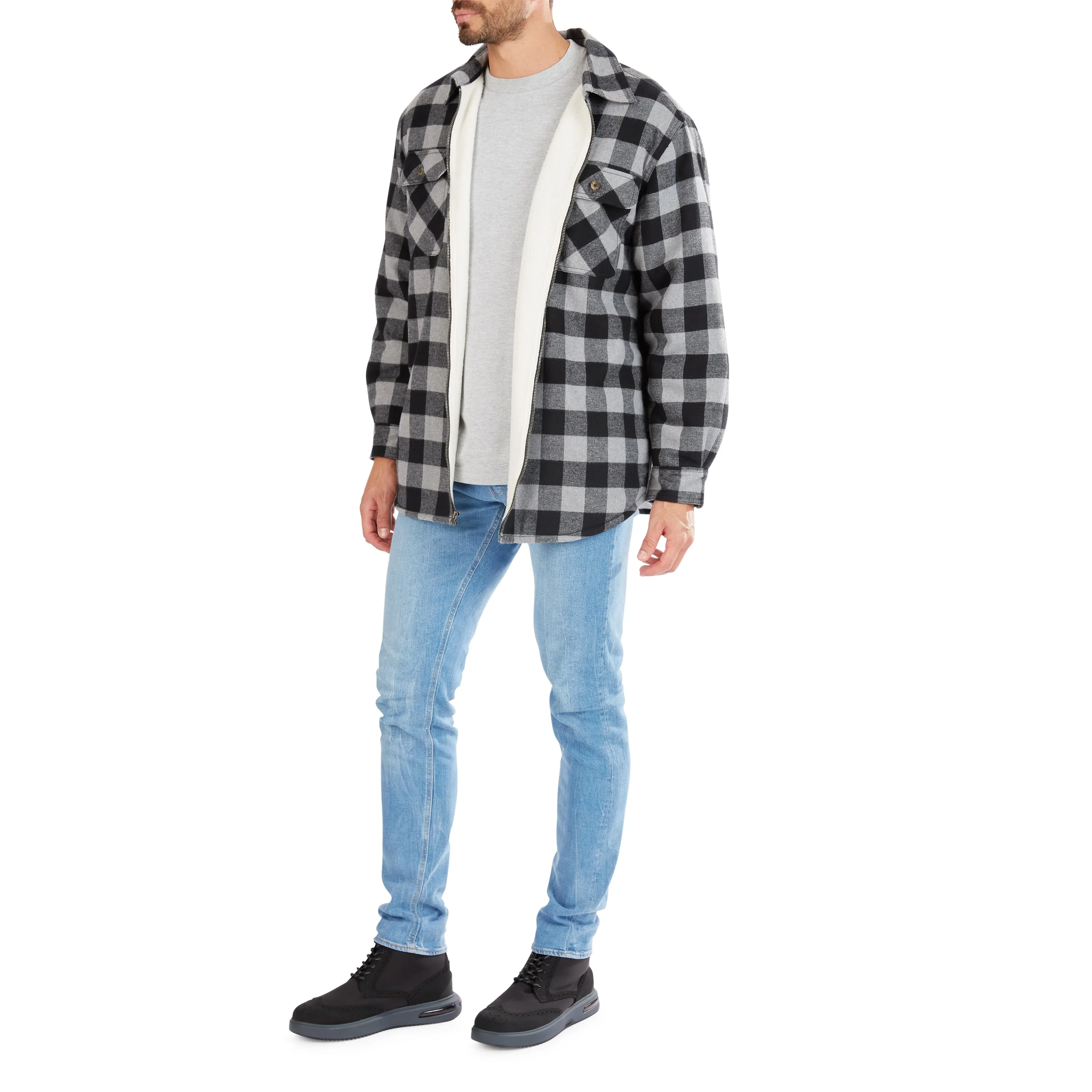 ZIP-FRONT SHERPA-LINED FLANNEL SHIRT JACKET