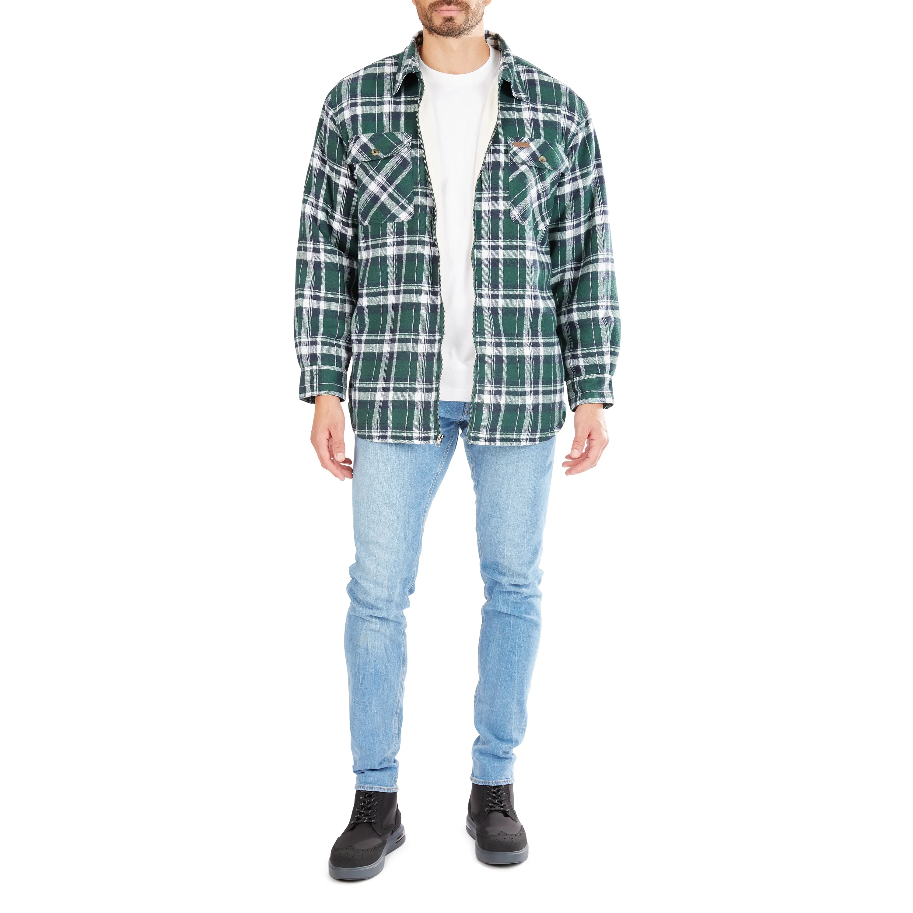 ZIP-FRONT SHERPA-LINED FLANNEL SHIRT JACKET