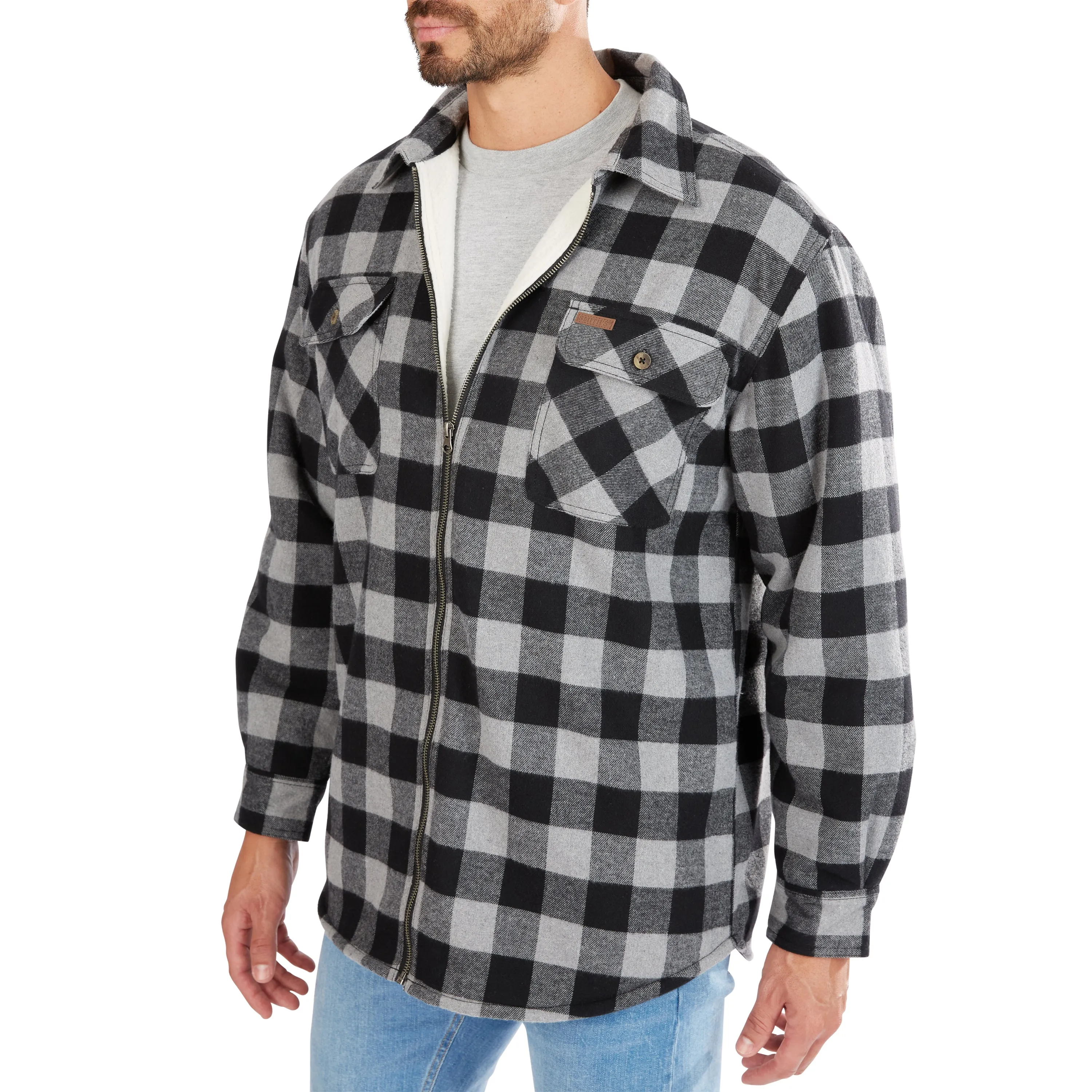 ZIP-FRONT SHERPA-LINED FLANNEL SHIRT JACKET