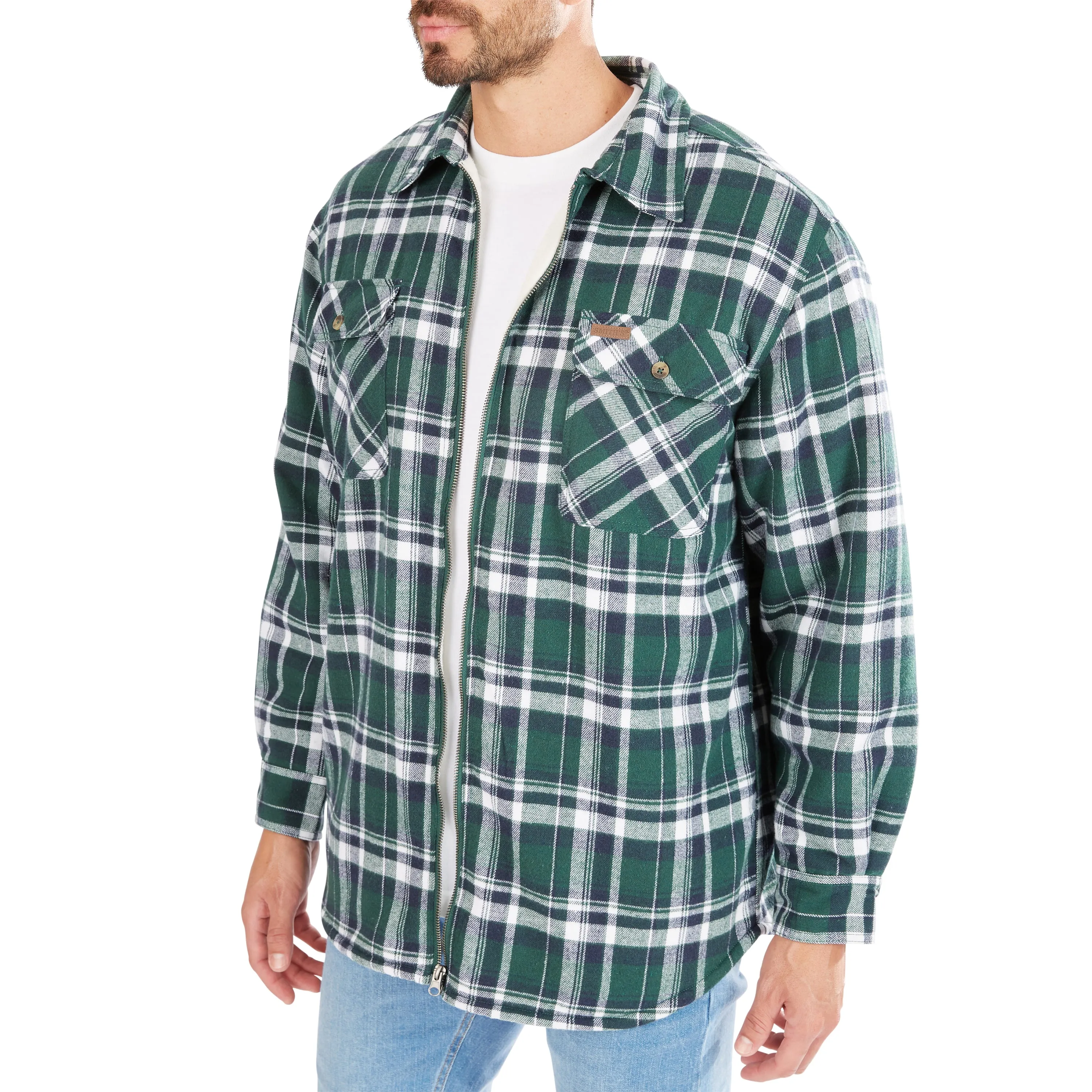 ZIP-FRONT SHERPA-LINED FLANNEL SHIRT JACKET