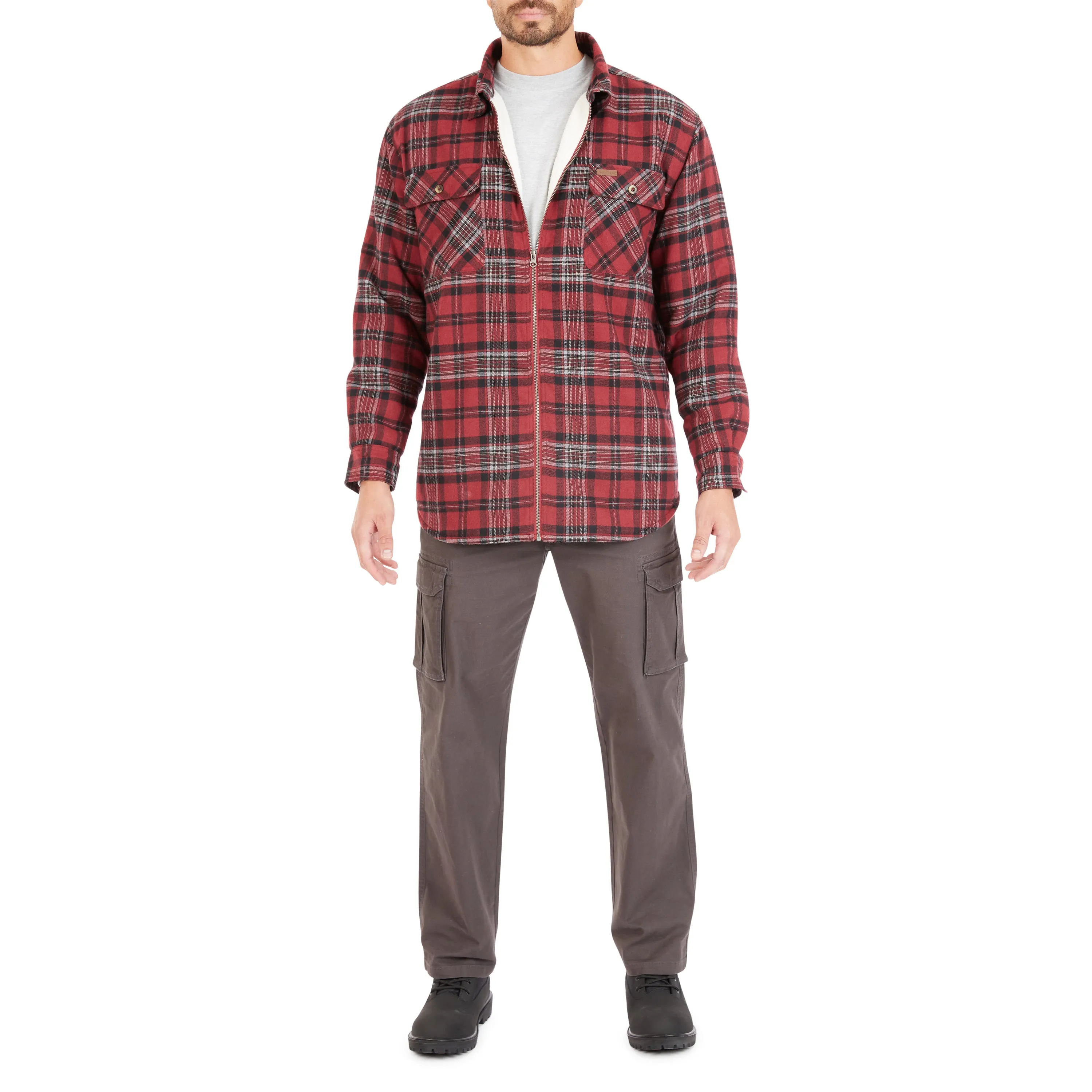 ZIP-FRONT SHERPA-LINED FLANNEL SHIRT JACKET