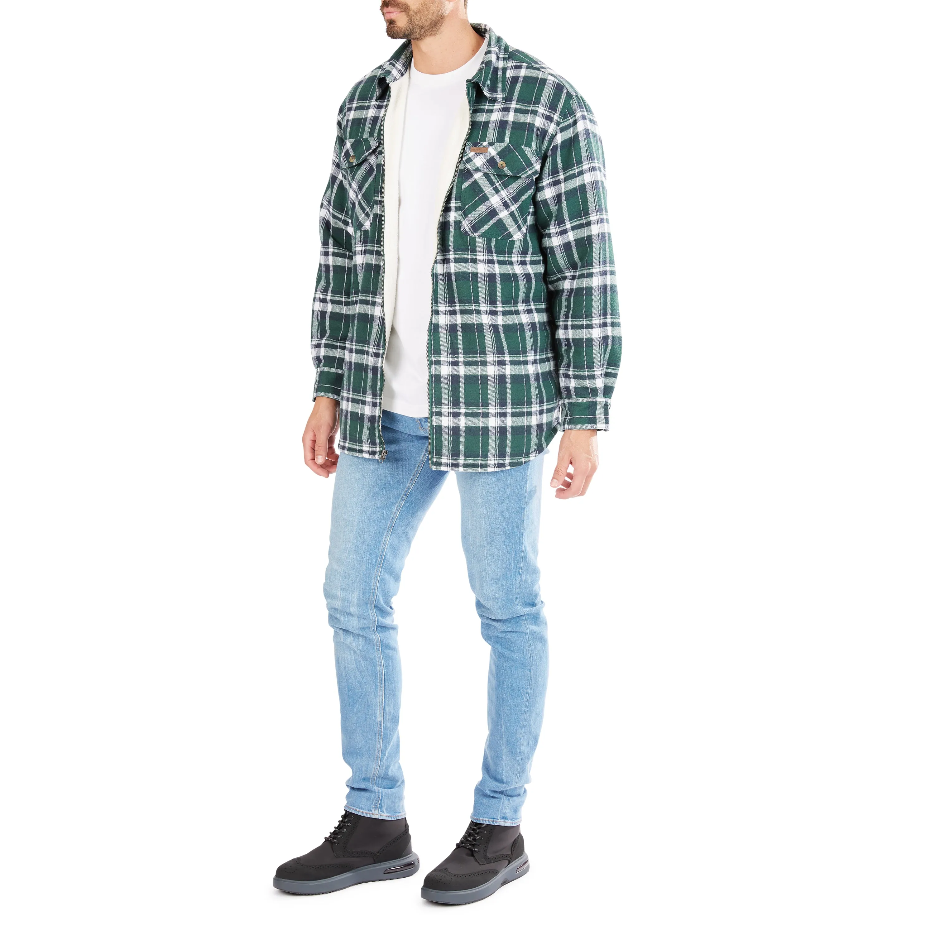 ZIP-FRONT SHERPA-LINED FLANNEL SHIRT JACKET